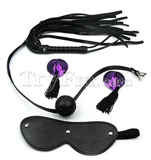 Black Leather Blindfold Tassel Whip Nipple Pad Ball Gag Special: $11.00